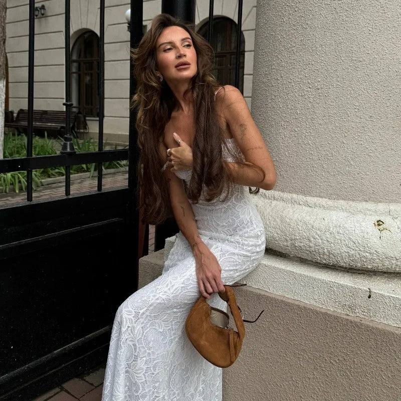 Women's Elegant White Lace Slip Maxi Dress - Sleeveless Backless Bodycon Dress