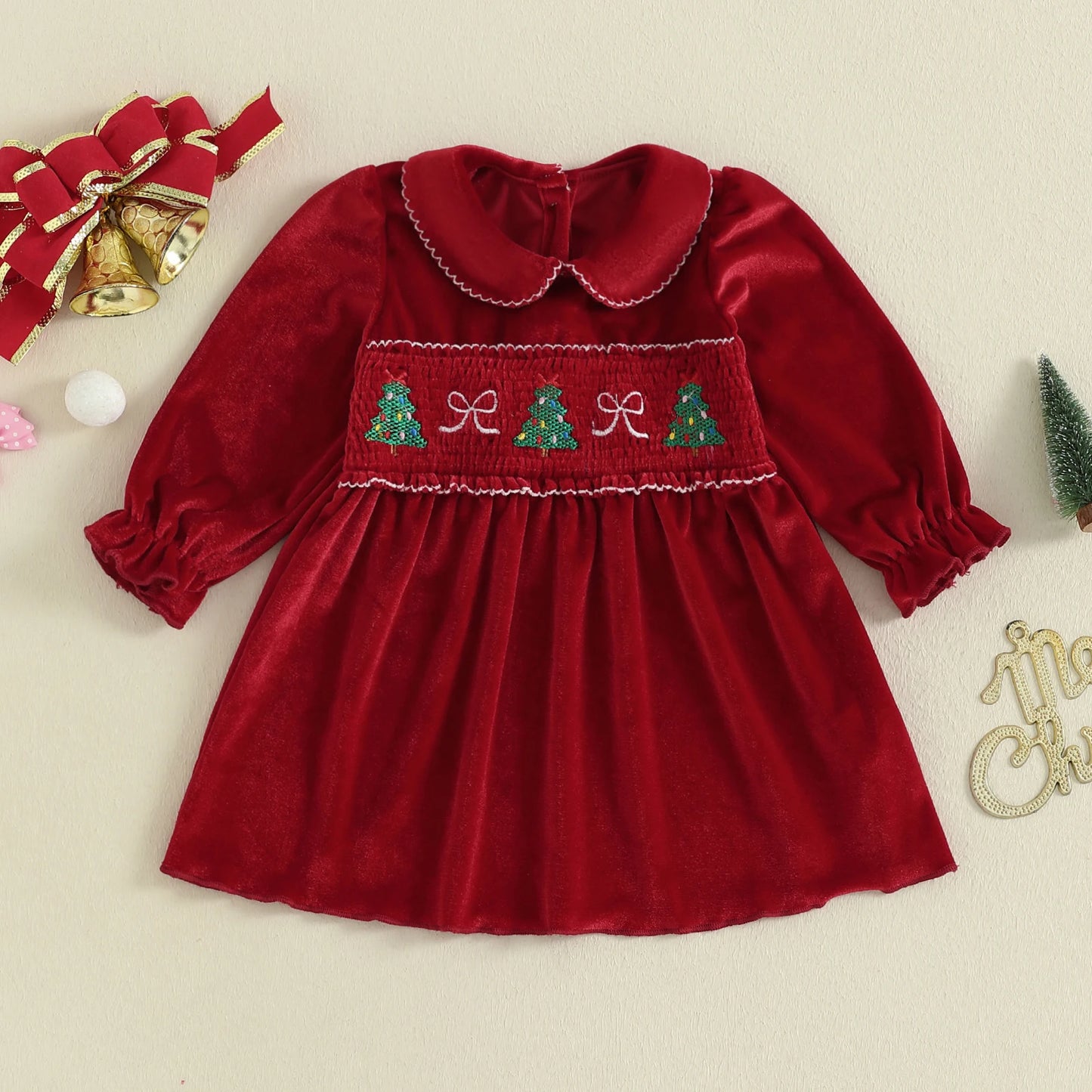 Lovely Kids Girls Christmas Velvet Dress - Xmas Tree Embroidery Doll Collar A-Line (0-4Y)