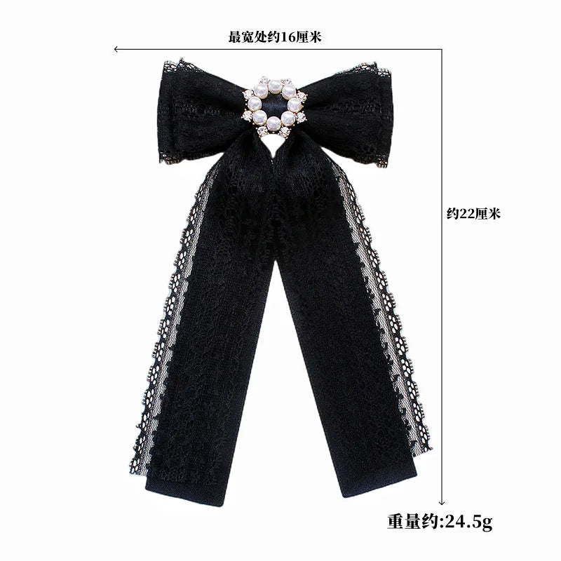 Black Fabric Bow Brooch - College Style Crystal Collar Pin