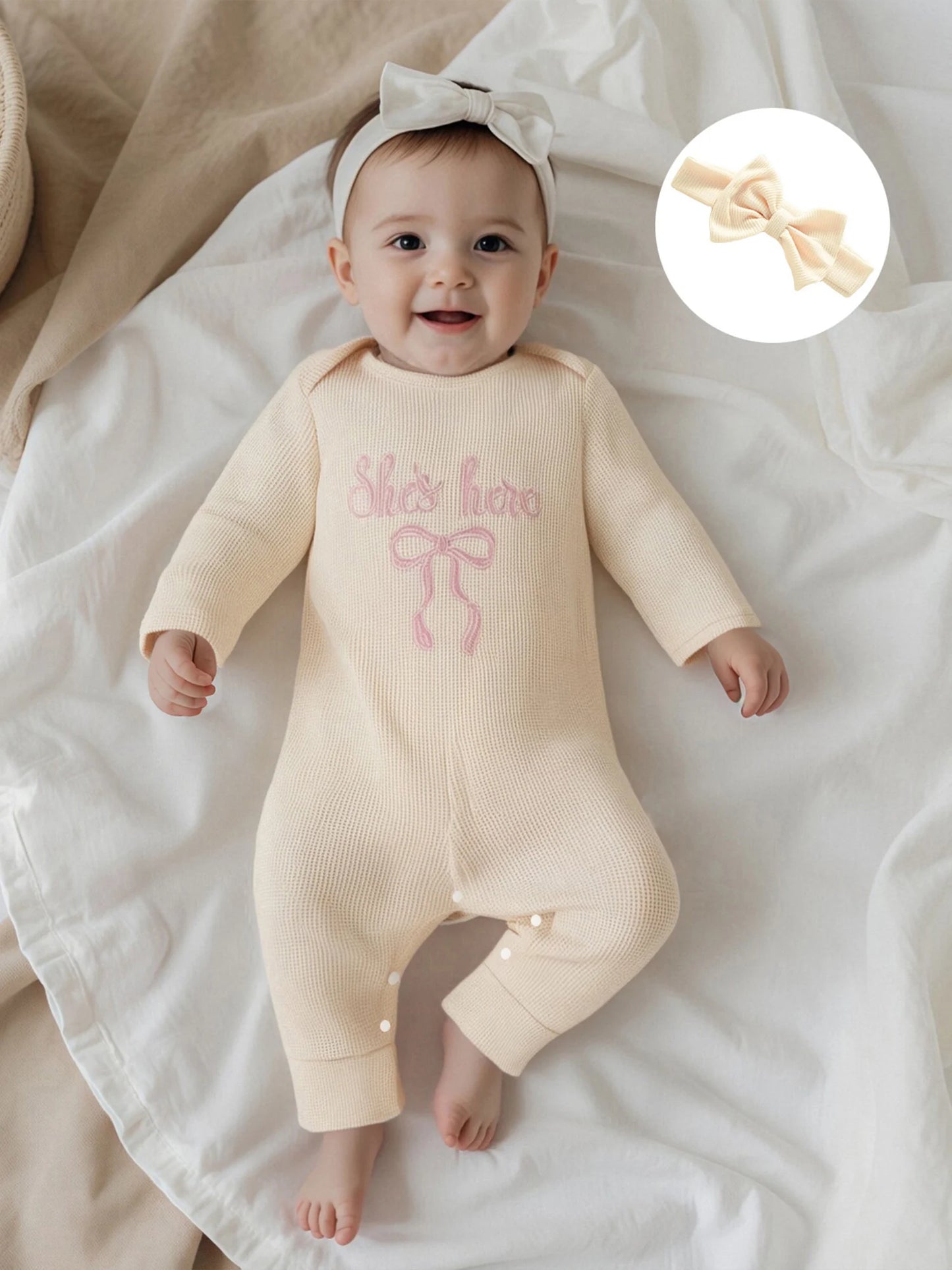 Newborn Baby Fall Winter Romper - Bow Letter Print Waffled Jumpsuit with Headband (0-6M)