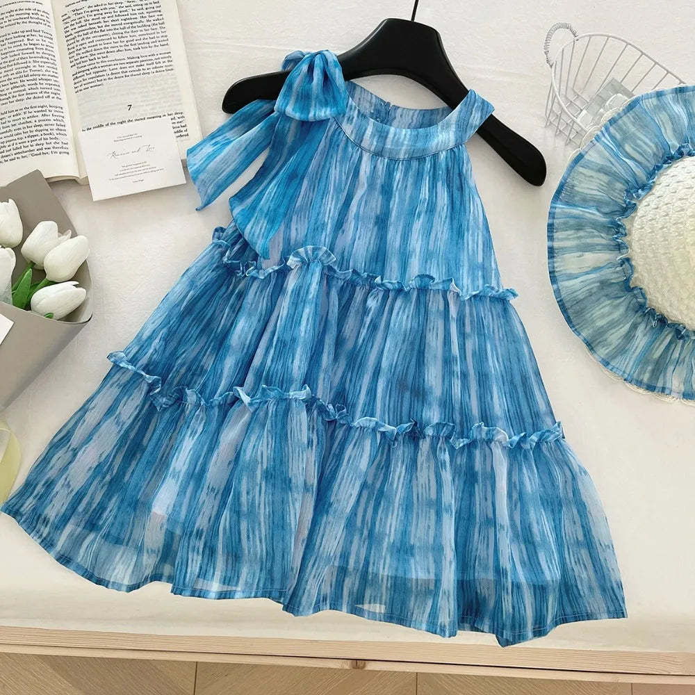Girl's Summer Casual Round Neck Sleeveless 3D Bow Pleated A-line Dress 4-7 Years Old