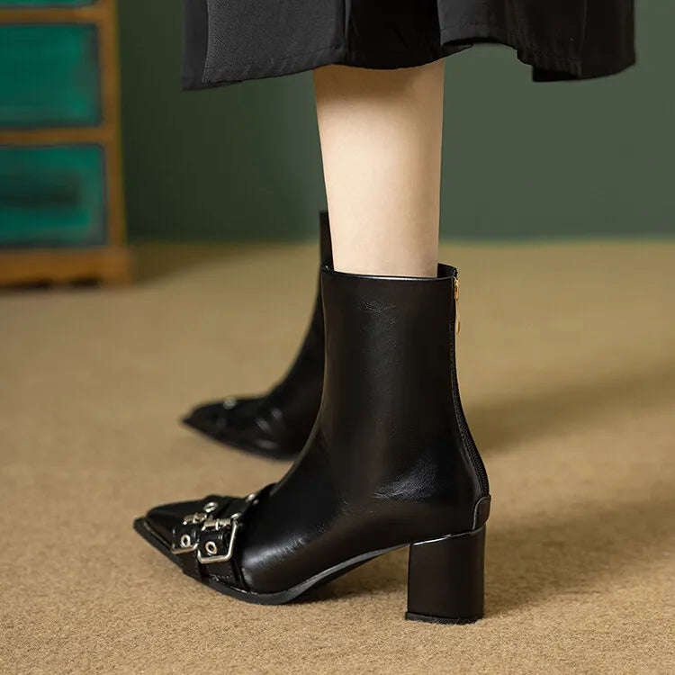 Women's Leather Metal Belt Buckle Short 6cm Square Heel Rivet Boot Back Zipper Boots
