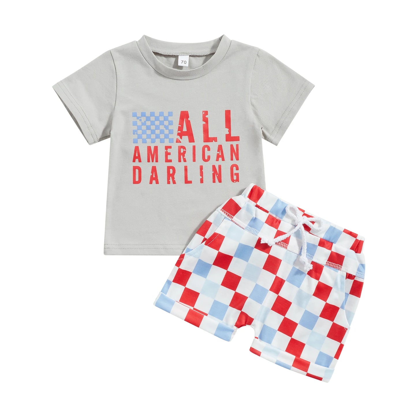 0-3Y American Baby Girls Boys Clothes Sets Letter Print Short Sleeve T-Shirts and Checkerboard Shorts 2Pcs