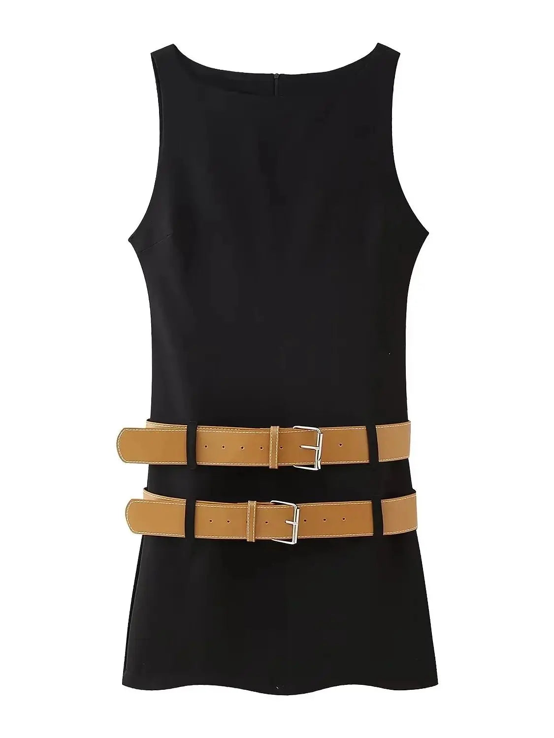 Women's Summer Round Neck Double belt Solid Hollow Out Elegant Button Mini Dress