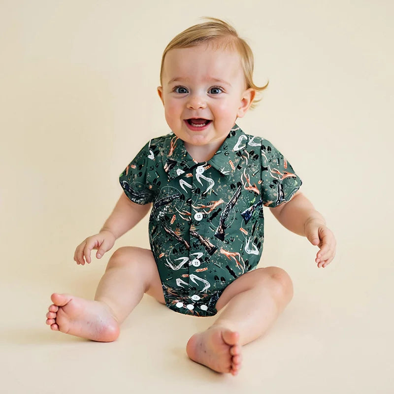 Baby Boys Gentleman Western Romper - Cartoon Print Button-up Bodysuit (0-18M)