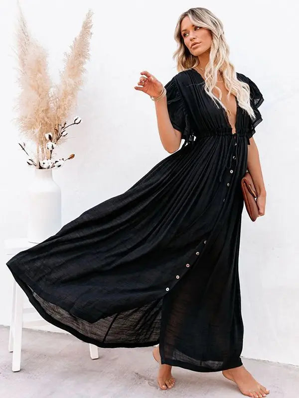 Women's Swimsuit Cover Ups Mandarin Sleeve Kaftan Beach Tunic Beach Dress