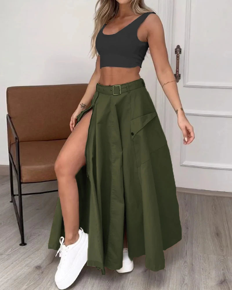 Women's Sleeveless Slit Two Piece Set - High Waist Long Skirt and Vest Bra