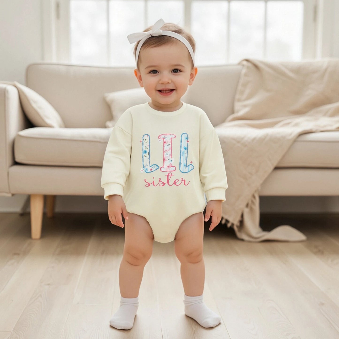 Sister Matching Outfits - Floral Letter Print Romper & Sweatshirt Set