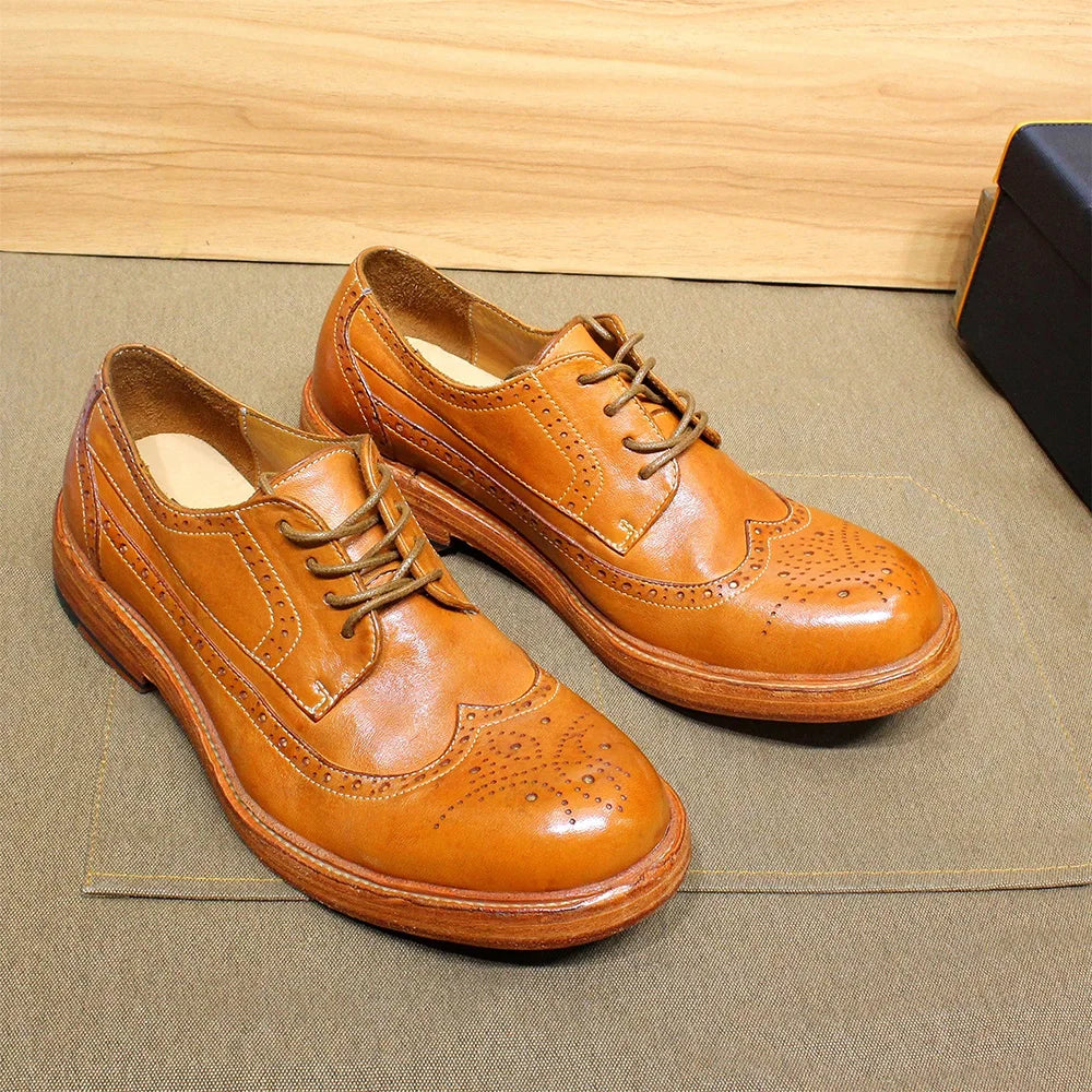 Handmade Stitched Derby Dress Shoes - Soft Calfskin Leather Wingtip Brogue