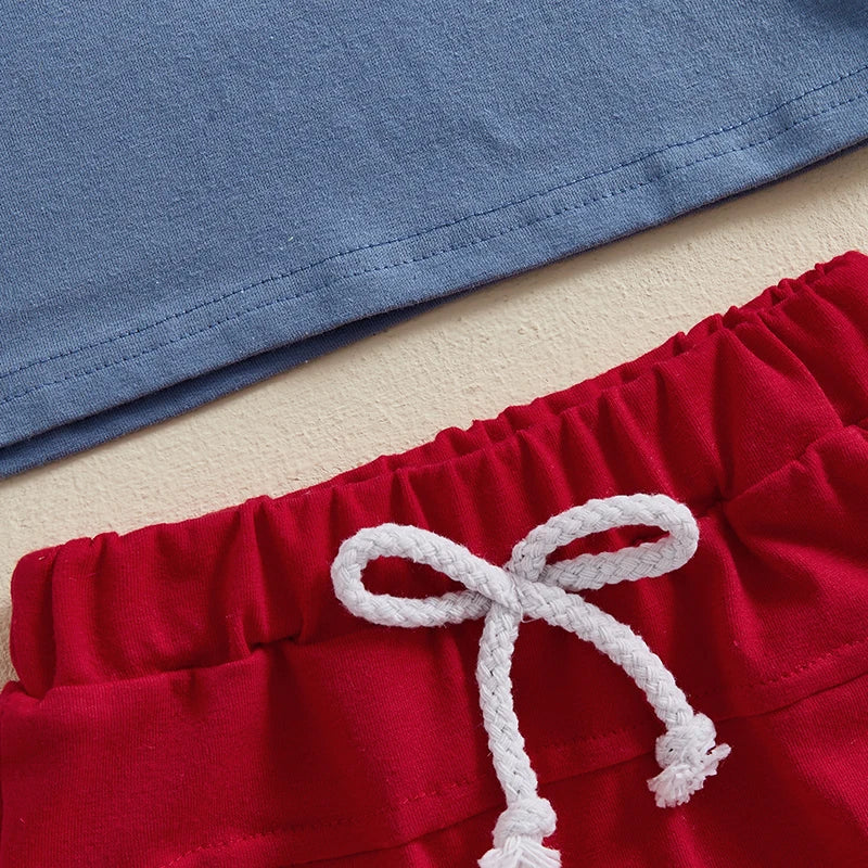 0-4Y Toddler Kids Boys American Flag Clothes Sets Letter Flag Embroidery Crew Neck Short Sleeve T-Shirt and Shorts