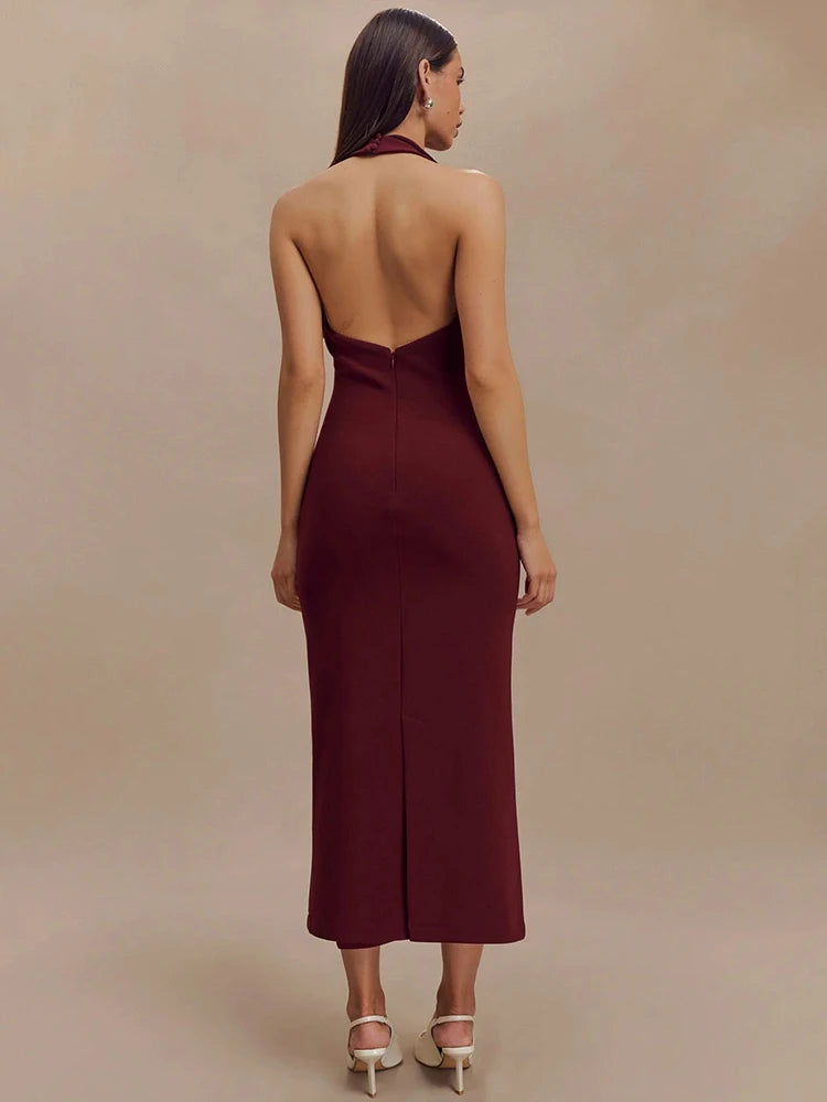 Women's Halter Deep V Neck Sleeveless Maxi Elegant Backless Bodycon Tank Long Dress