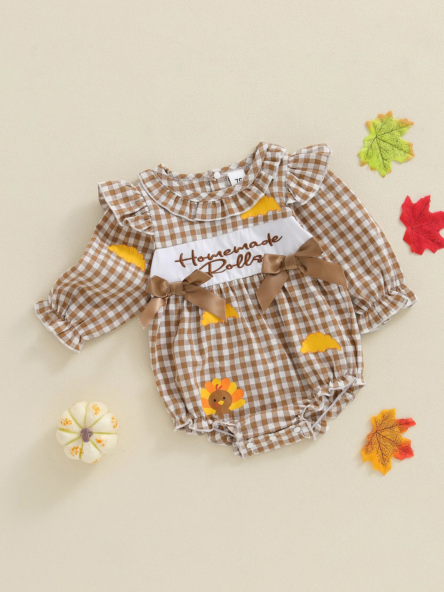 Baby Thanksgiving Romper - Long Sleeve Plaid Print Turkey Embroidery Bubble Jumpsuit