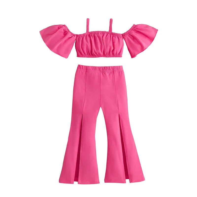 Little Girl's Summer Outfit Set - Off Shoulder T-Shirt & Denim Flare Pants