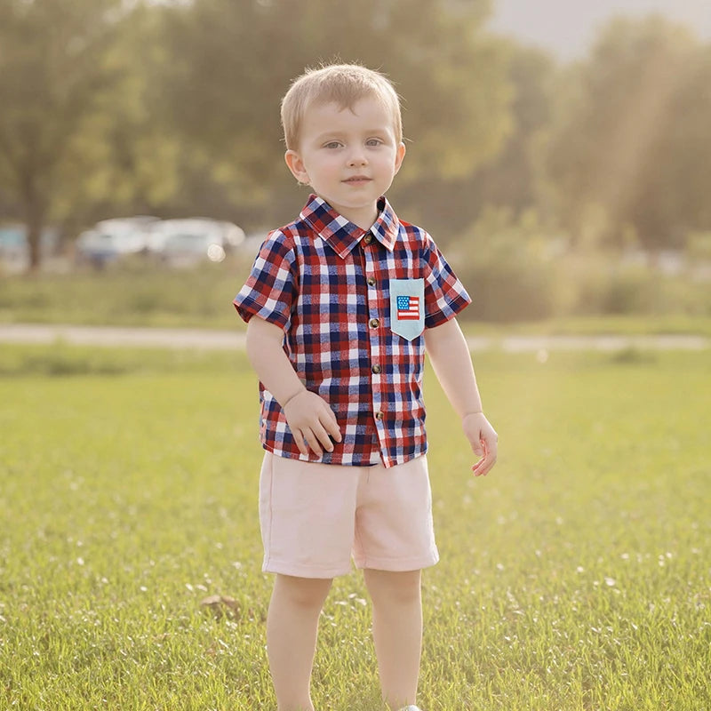 0-5Y American Flag Kids Boys Shirts Short Sleeve Plaid Print Button Down Shirts Toddler Summer Top