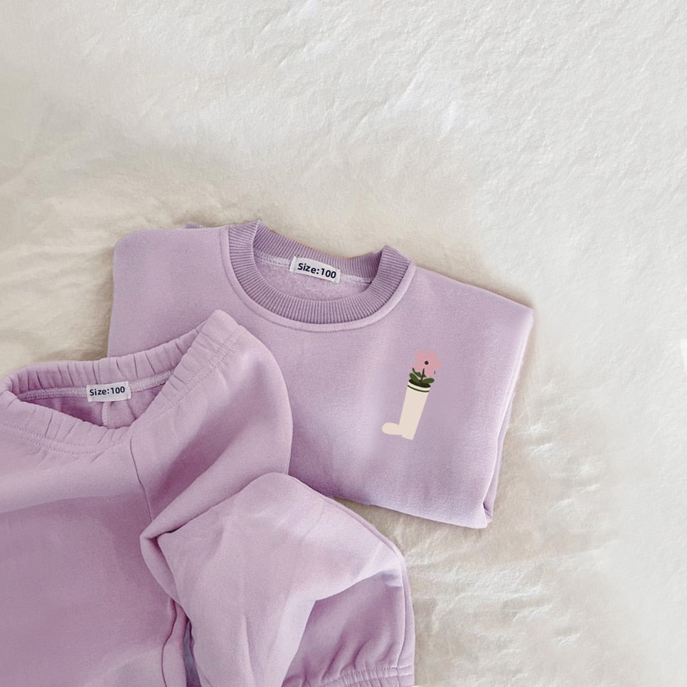 Children's 2Pcs Embroidery Thicken Fleece Warm Sweatshirt and Pants Set Outfit