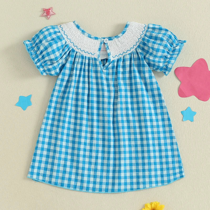 0-4Y Kids Girl’s Short Sleeve Embroidery Crew Neck Plaid Flags Print A-Line Dress