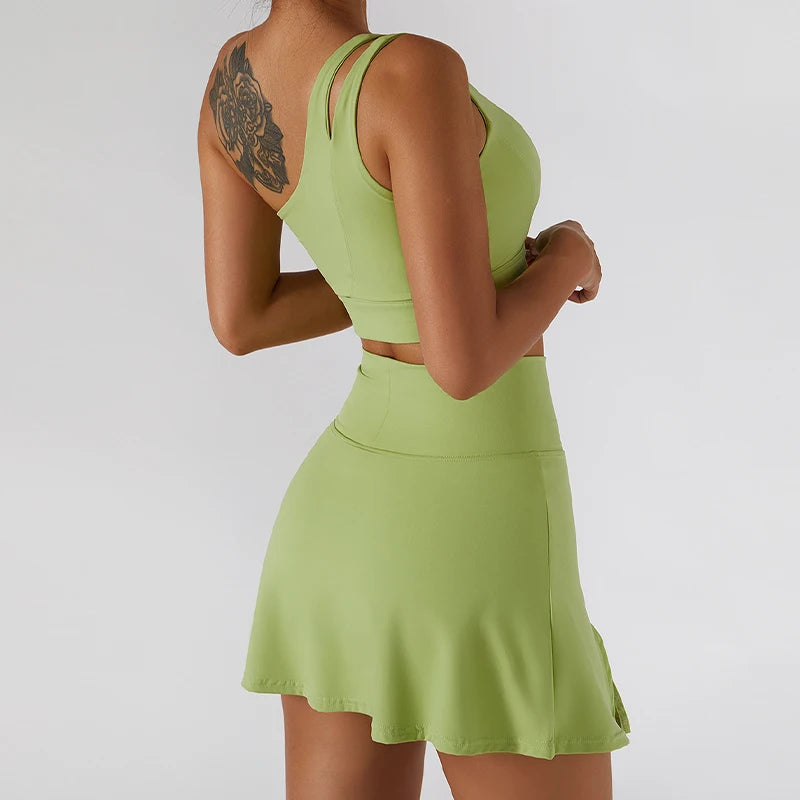Women’s 2pc Sports Skirt Suit Outdoor Leisure Single Shoulder Bra Suit Quick Drying Tennis Set Yoga workout Skirt Set