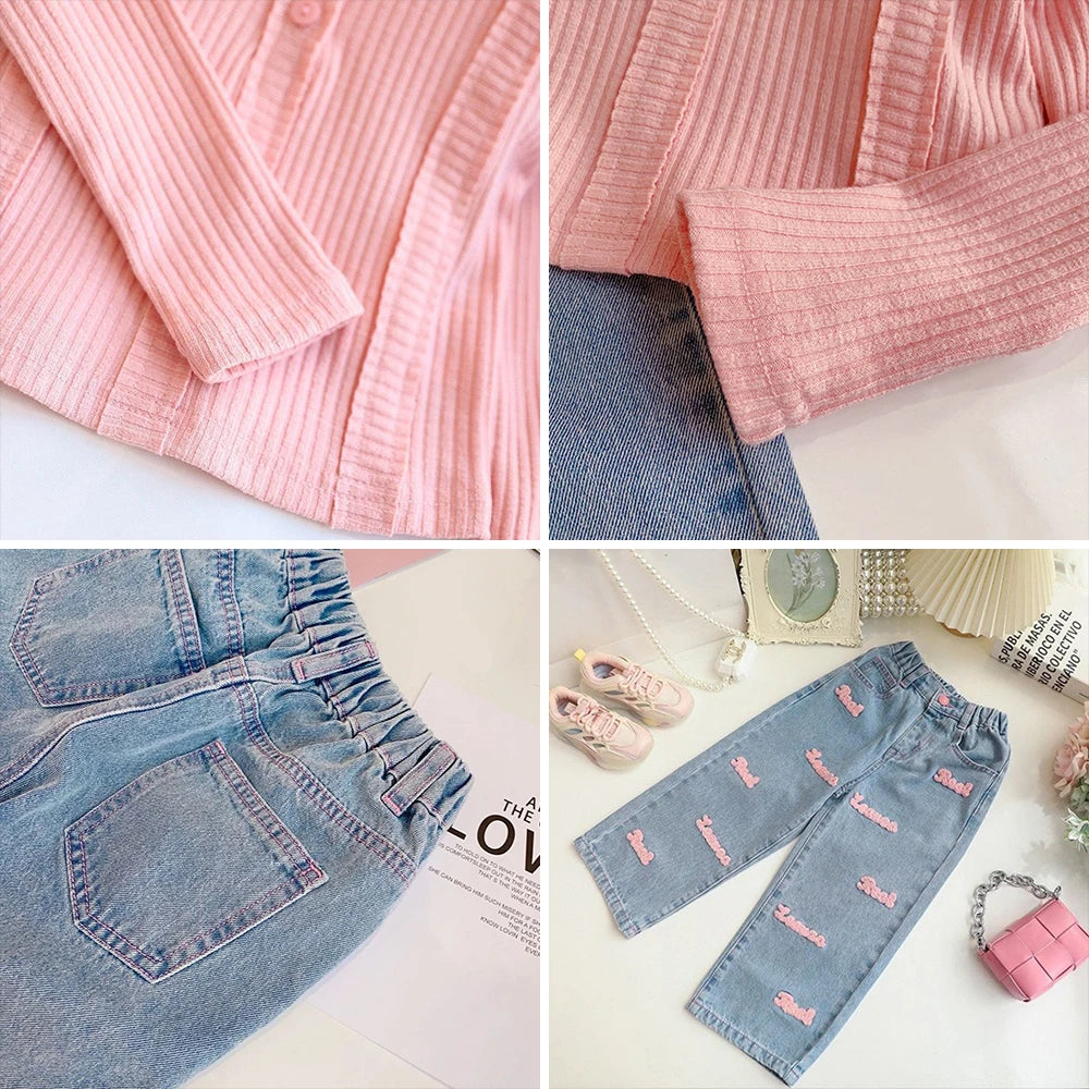 Girl's Knitted Sweet Top and Letter Decor Jeans Two Piece Set
