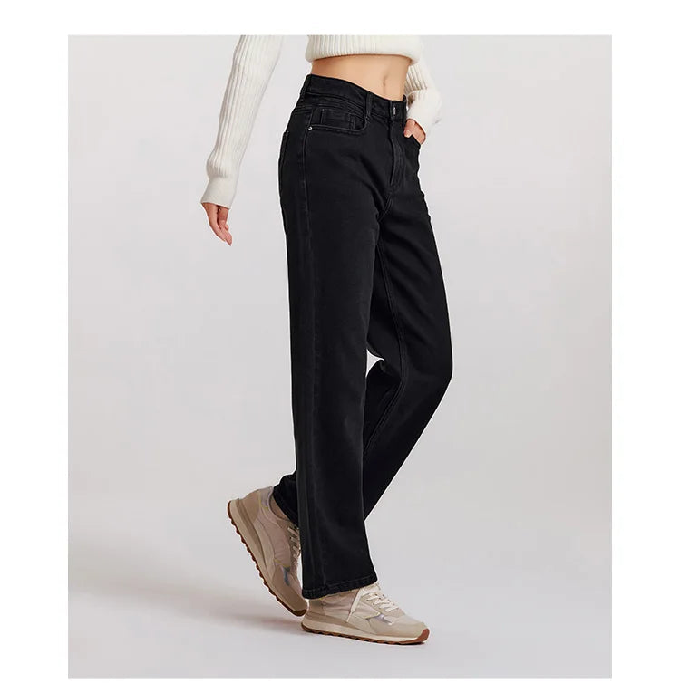 Women's Wide Leg Brushed Denim Jeans - Loose Fit Winter Warm Long Pants