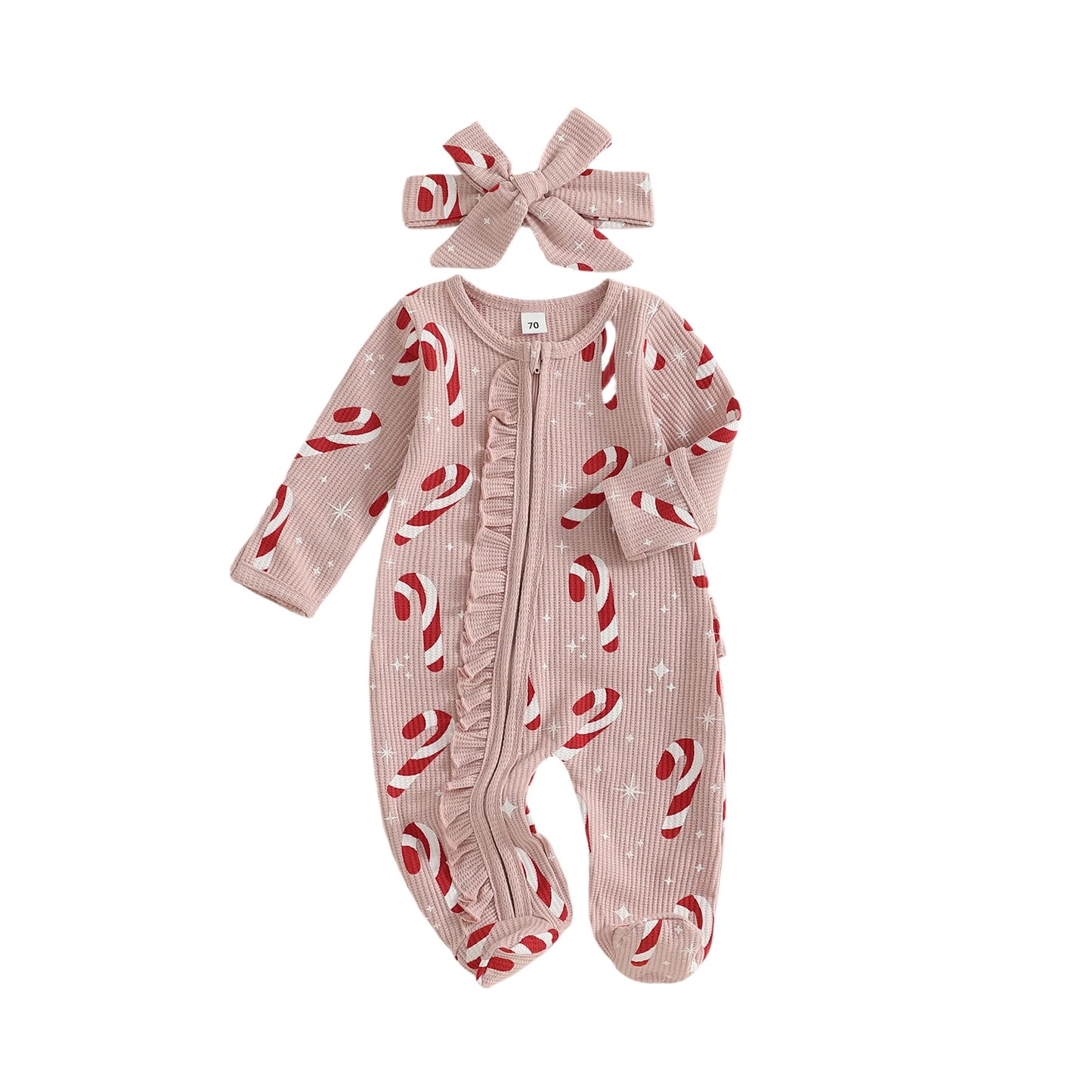 Baby Christmas Romper Set - Candy Cane/Gingerbread Print Oblique Zipper Jumpsuit & Headband