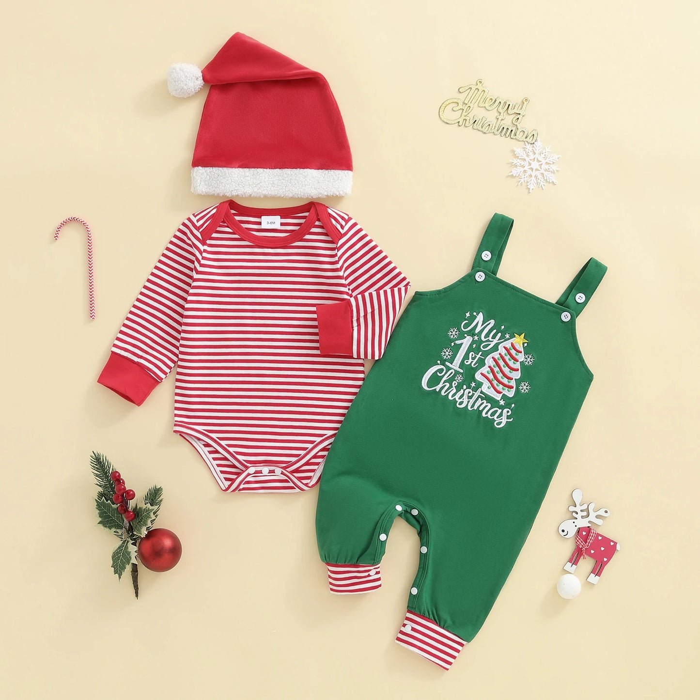 Newborn Baby Boys Fall Winter Christmas Clothes Set - Stripe Long Sleeve Romper, Embroidery Overall Pants & Hat