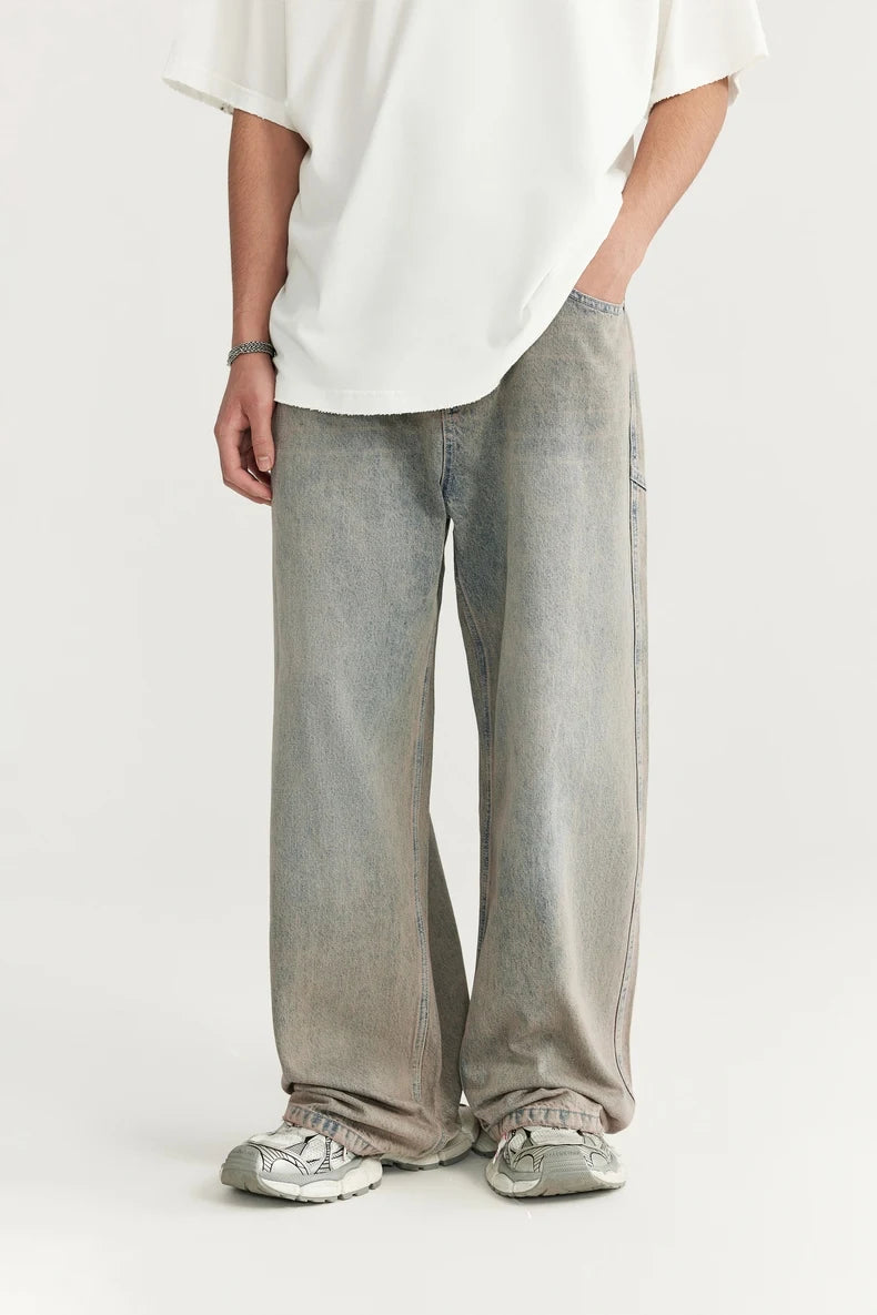 Unisex Retro Washed Jeans Stretch Straight Leg Denim Trousers