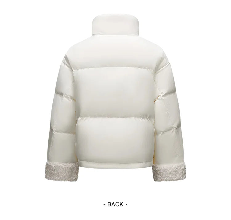 Down Jacket Women Loose Solid Color Winter Patchwork Imitation Lamb Wool Stand-Up Collar Textured