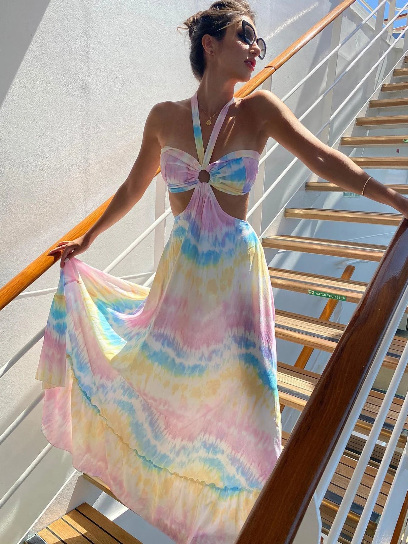 Women's Colourful Print Halter Tie Up Strapless Naked Waist A-line Maxi Summer Dress