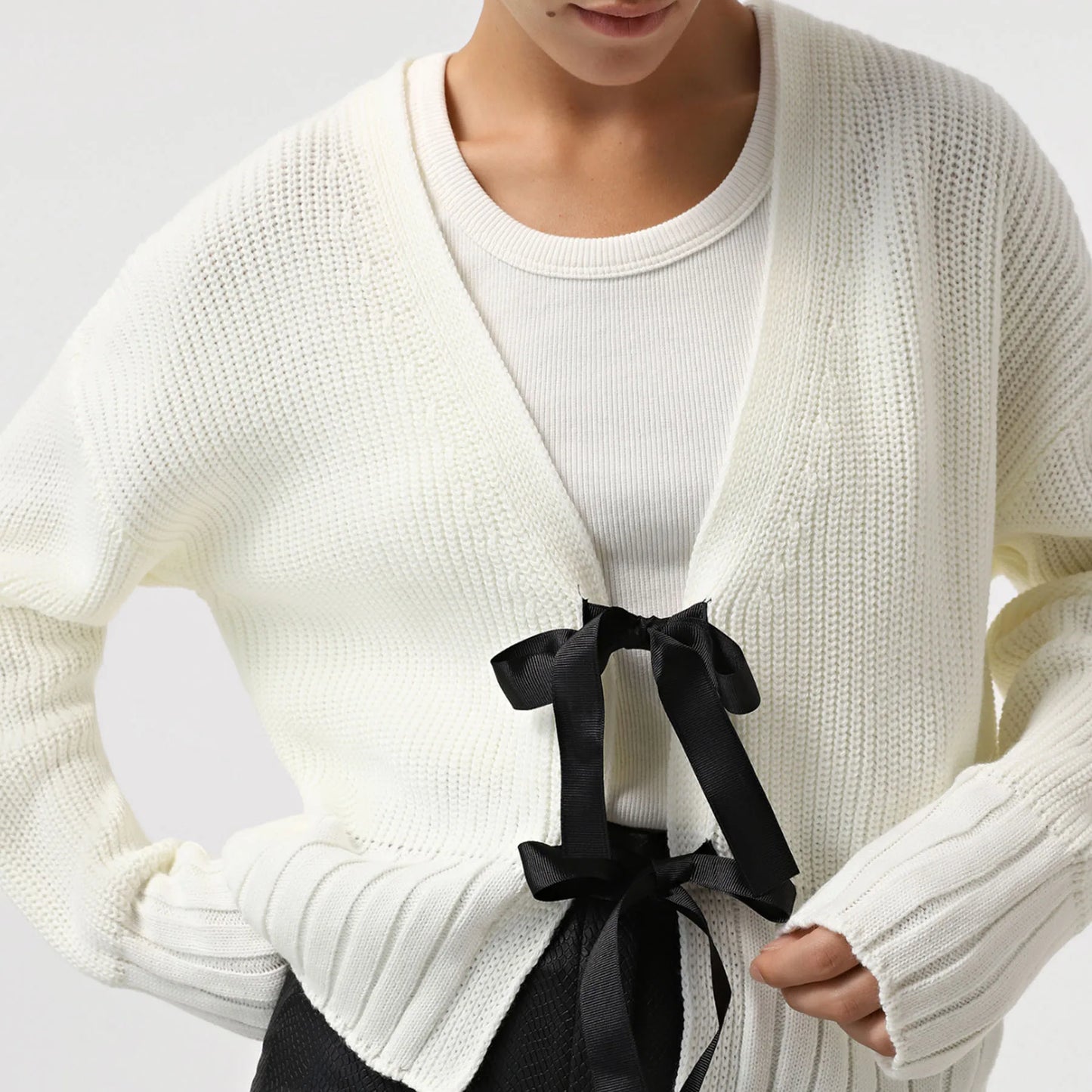 Women's Tie Front Bow Detail Long Sleeve Cardigan Knitted Sweater