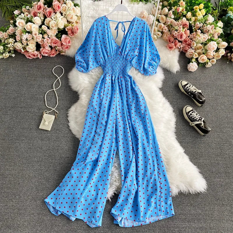 Women's V-Neck Polka Dot Jumpsuit - Wide Leg Trousers with Dolman Sleeves