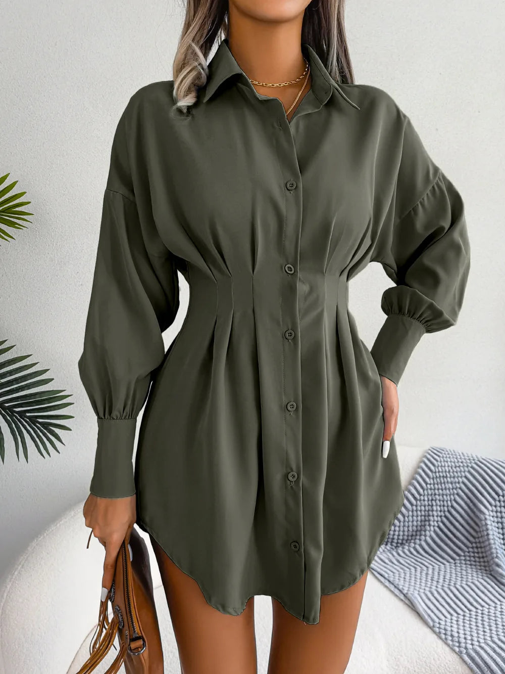 Women's Autumn Winter Casual Lantern Sleeve High Waist Asymmetric Dress Shirt Dress