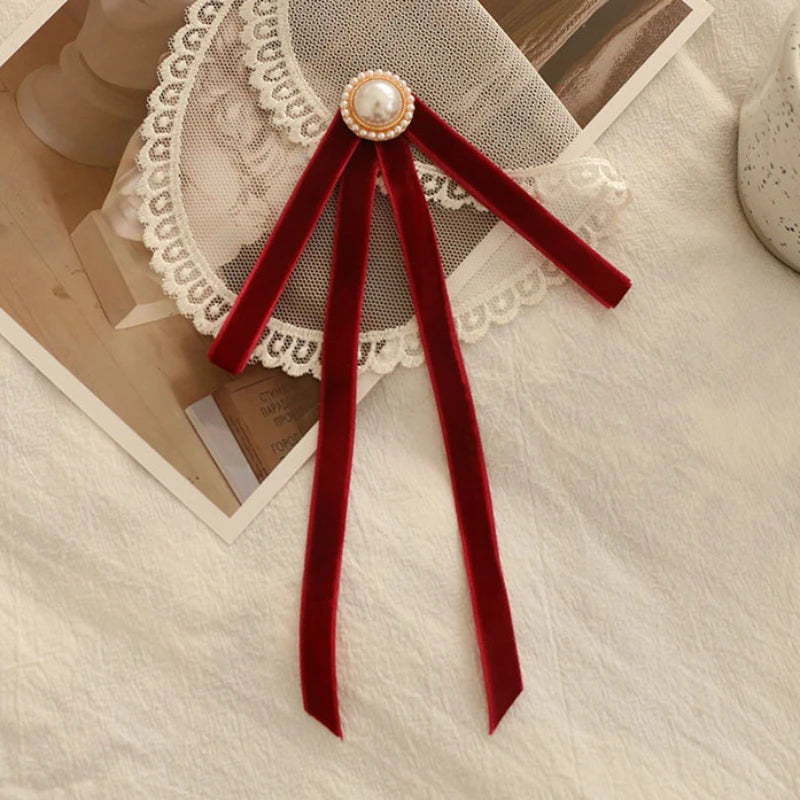 Anime Style Velvet Bow Pearl Brooch - Sweet Academic Pin for Girls