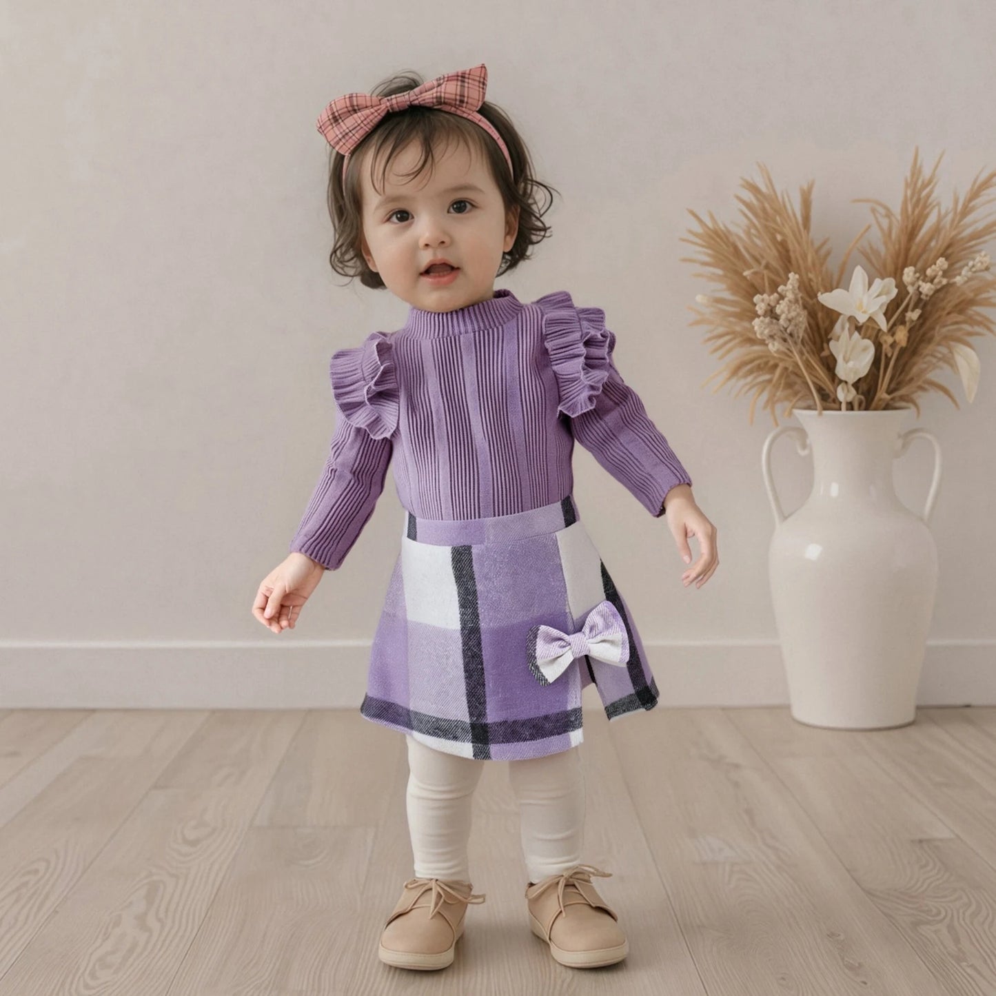 Girl's Skirt Set - Long Sleeve Crew Neck T-Shirt with Plaid Skirt