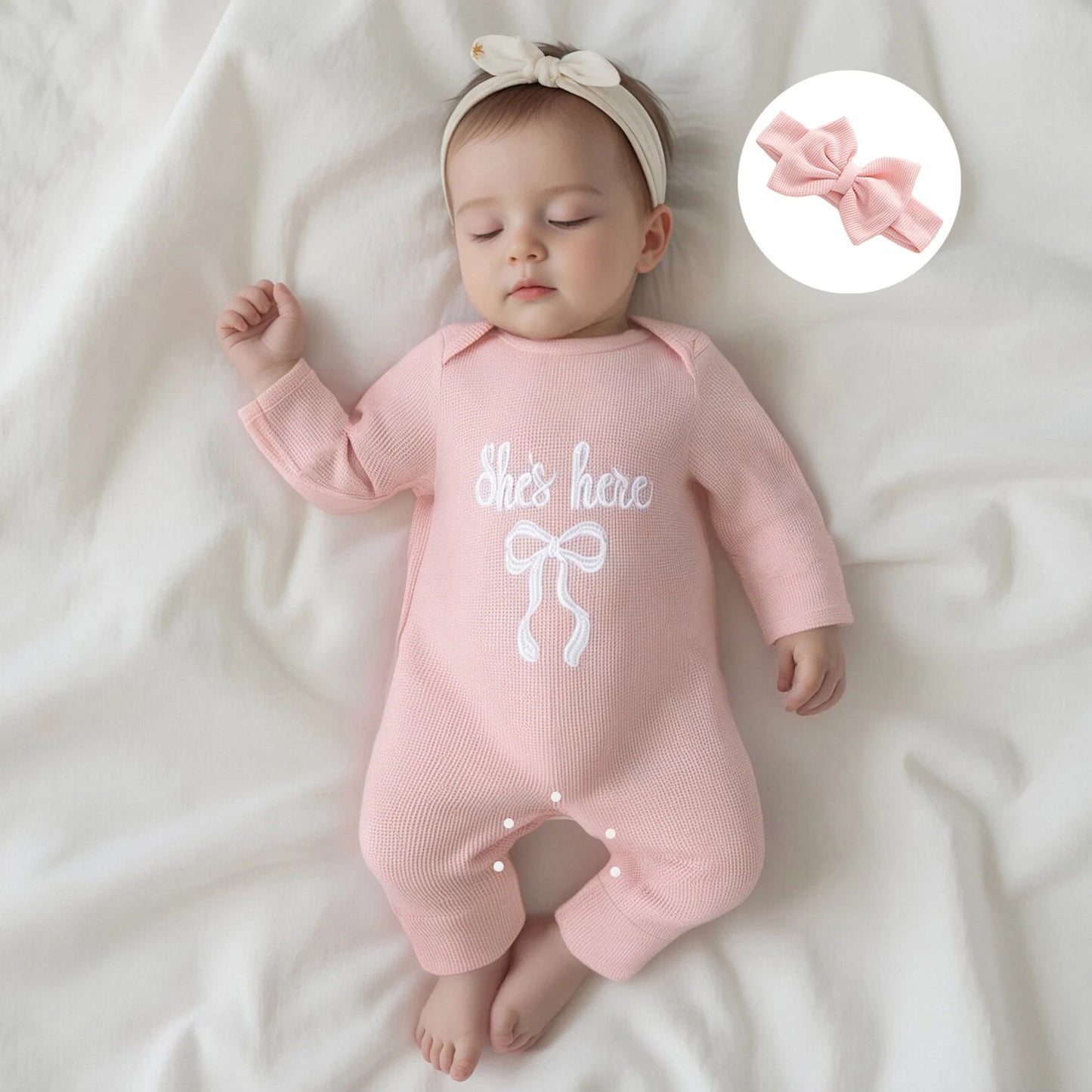 Newborn Baby Fall Winter Romper - Bow Letter Print Waffled Jumpsuit with Headband (0-6M)