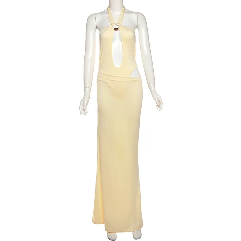 Women's Cut-Out Two Piece Set - Halter Bodysuit & Draped Dress Combo