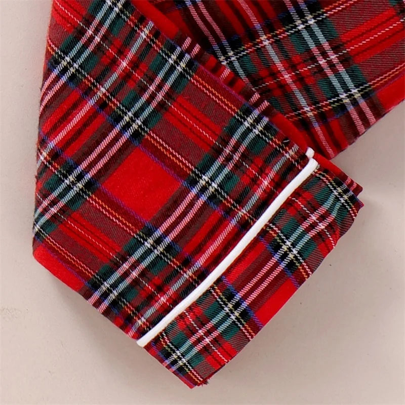 Kids Christmas Pajamas Set - Plaid Print Turn Down Collar Shirt & Pants