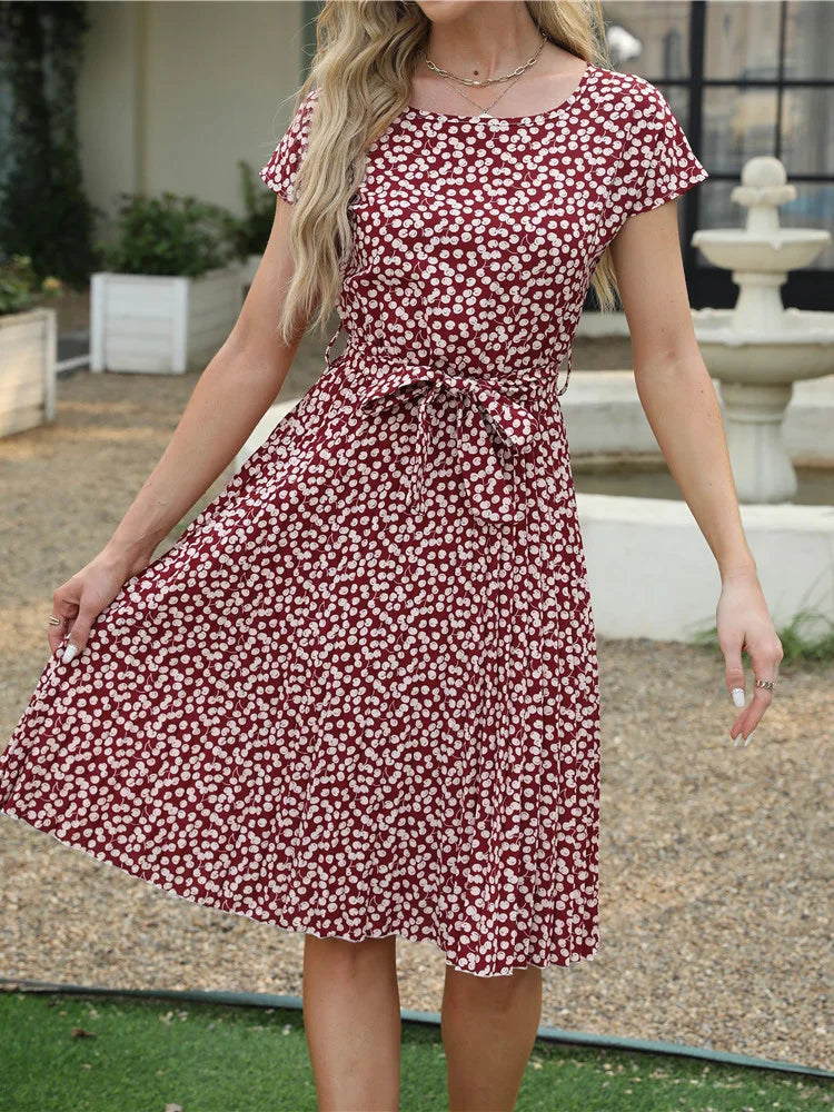 Women's Floral Pleated A Line Long Spring Summer Short Sleeve High Waist Chic Dress