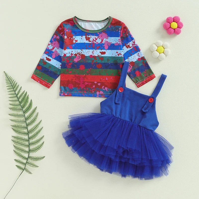 Girl's Halloween Outfit Set - Stripe Print Top & Lace Tulle Suspender Skirt
