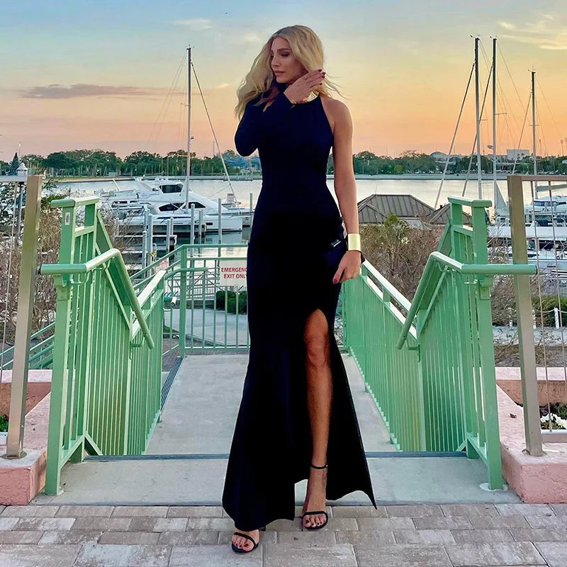 Women's One Shoulder Split Maxi Dress Outfit - Long Sleeve Dress Gown