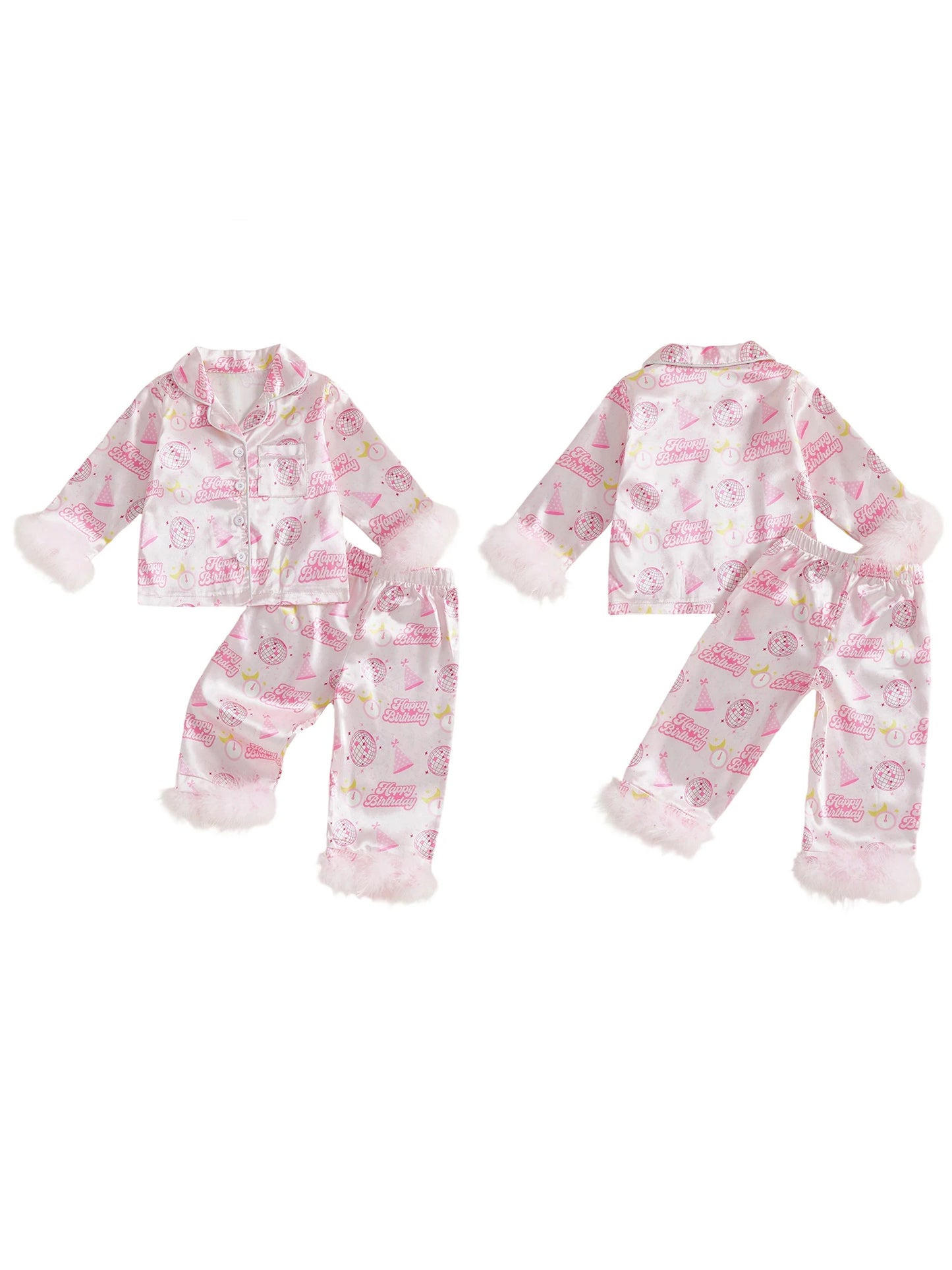 Kids Girls Pyjamas Set - Letter Ball Print Button Down Top & Pants (0-4Y)