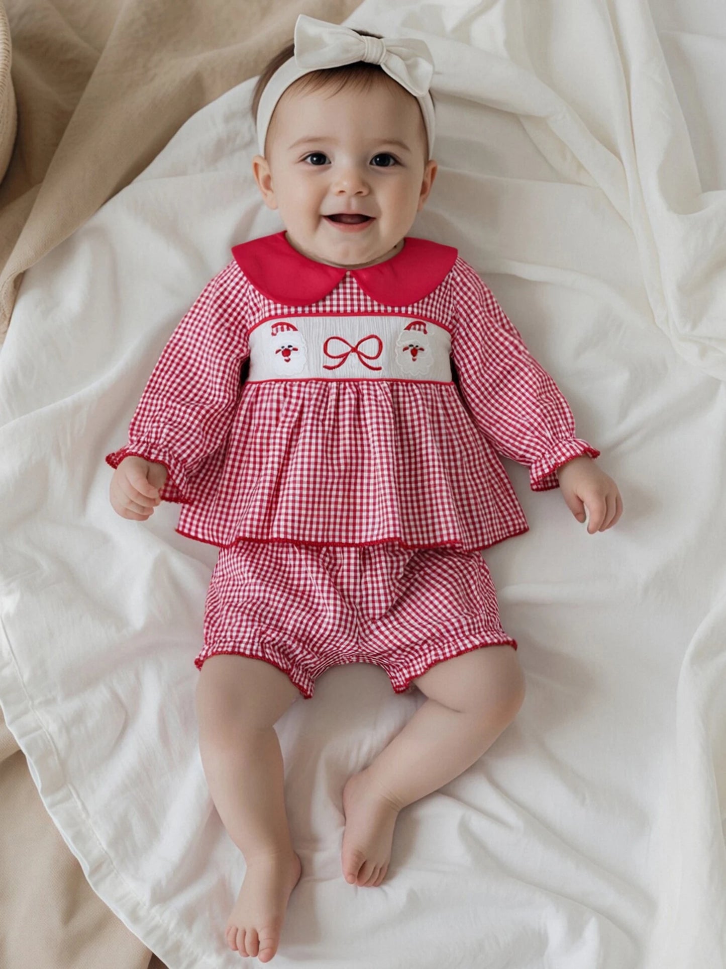 Baby Girls' Christmas Outfit Set - Long Sleeve Plaid Top & Lantern Shorts 2 Piece