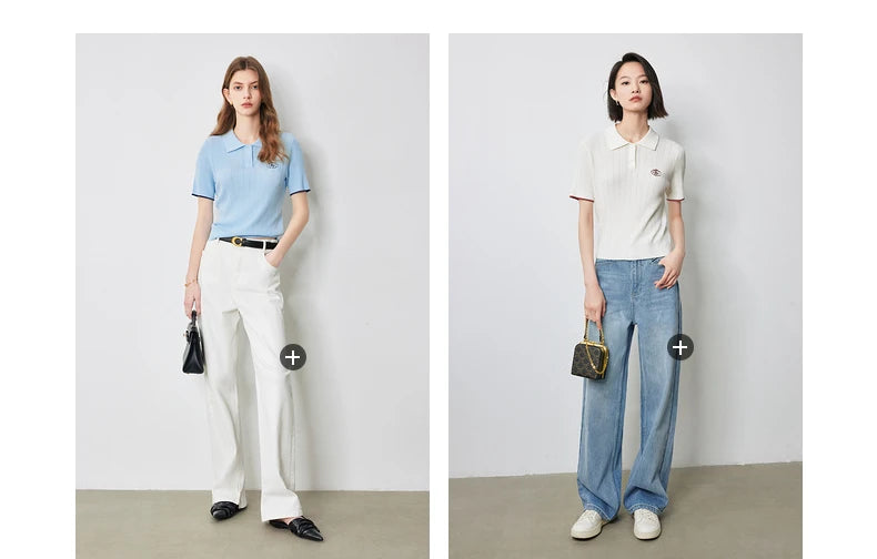 Women's Knitwear Contrast Color Hollow Out Polo Neck Short Sleeve Shirt