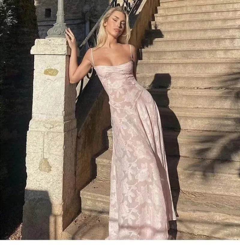 Women's See Through Spaghetti Maxi Plunge Off Shoulder Floral Mesh Patchwork Long Dress