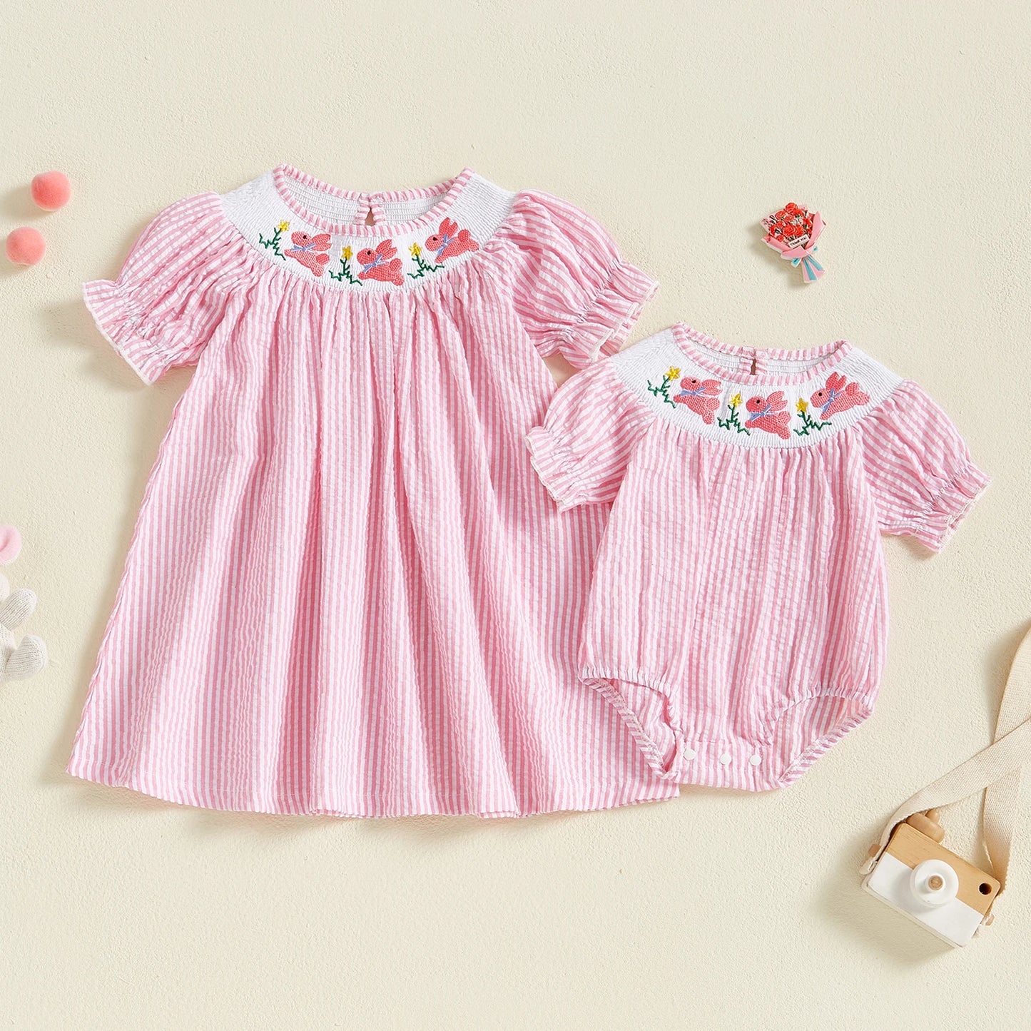 Baby Girls Easter Rabbit Embroidery Romper Dress - Striped Puff Sleeve Outfit