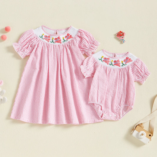 Baby Girls Easter Rabbit Embroidery Romper Dress - Striped Puff Sleeve Outfit