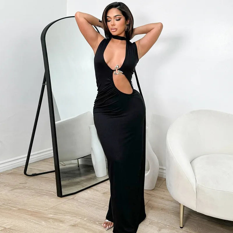 Women's Embellished Plunge Halter V Neck Maxi Outfit Club Party Cut Out Bodycon Dress