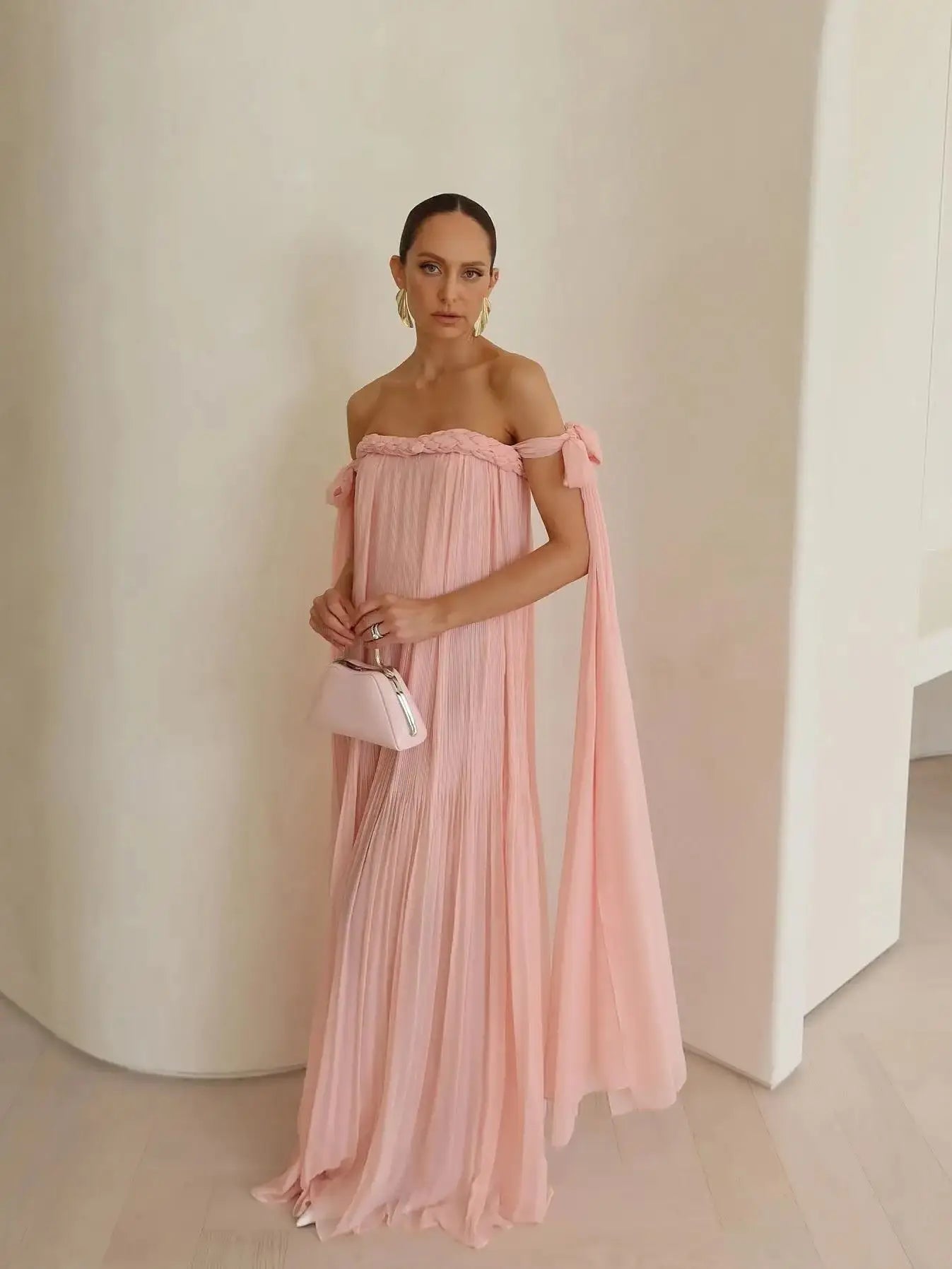 Off-Shoulder Braided Tie Maxi Dress - Pleated A-Line Summer Beach Dress