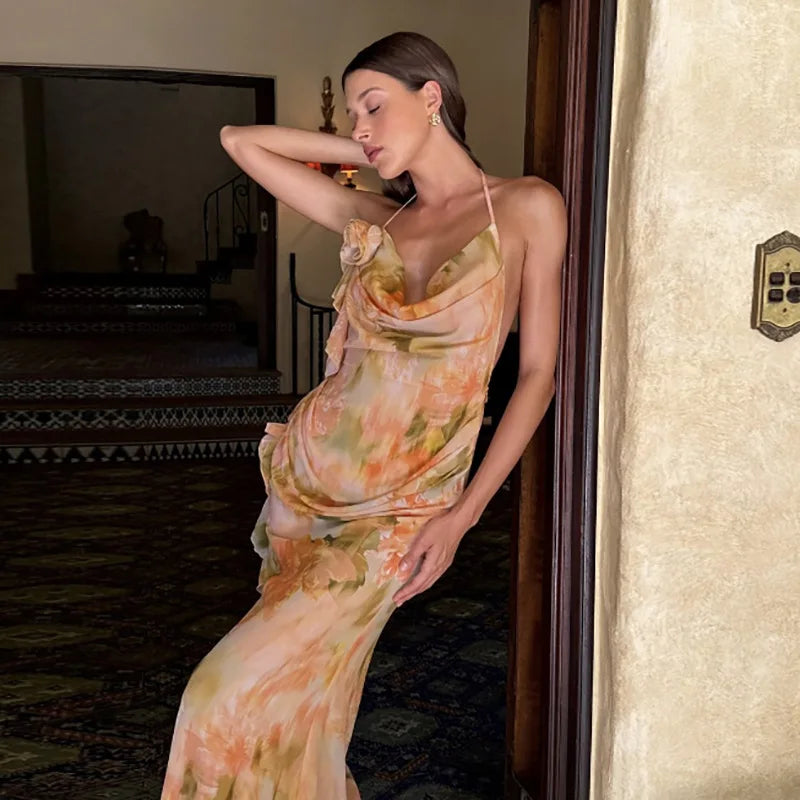 Women's Floral Applique Halter Maxi Dress