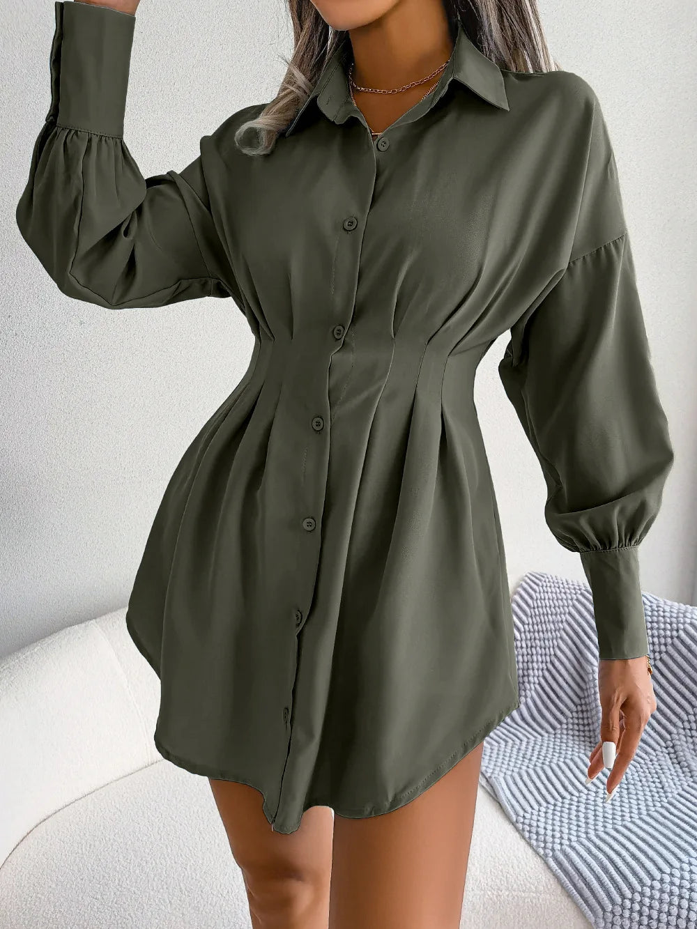 Women's Autumn Winter Casual Lantern Sleeve High Waist Asymmetric Dress Shirt Dress