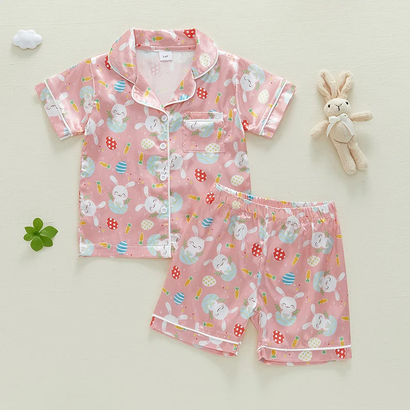 1-7Y Kids Girls Easter Pyjamas Clothes Set Rabbit Carrot Print Button Down V Neck Short Sleeve Tops and Shorts